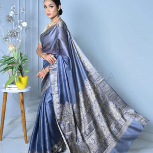Blue Meena Plain Handloom Pure Kosa Silk Saree simple