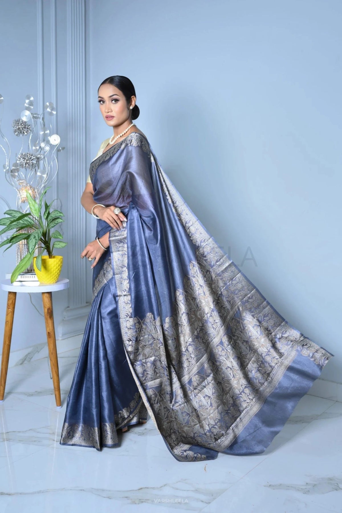 Blue Meena Plain Handloom Pure Kosa Silk Saree simple