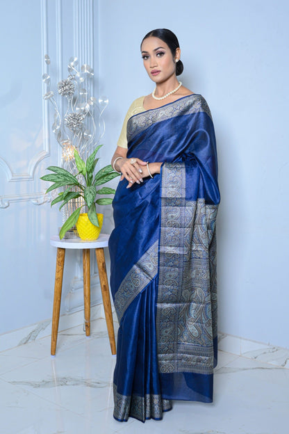 Royal Blue Meena Plain Handloom Pure Kosa Silk Saree