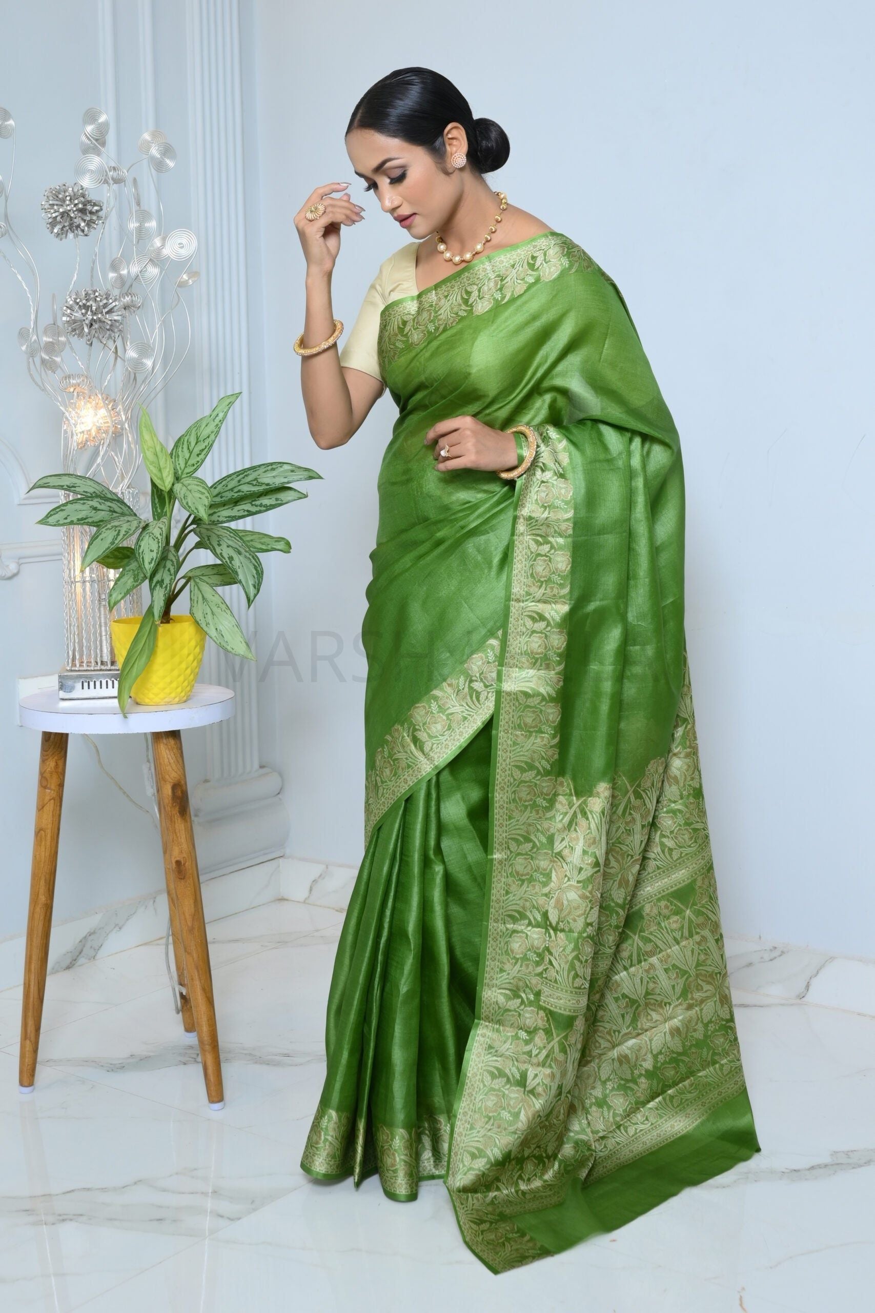 Green Meena Plain Handloom Pure Kosa Silk Saree