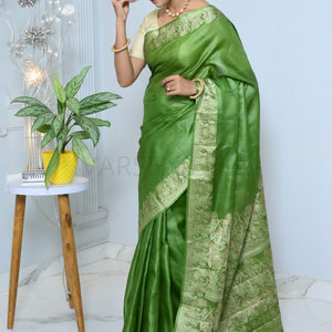 Green Meena Plain Handloom Pure Kosa Silk Saree