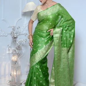 Green Meena Booty Handloom Pure Kosa Silk Saree
