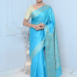 Light Blue Meena Plain Handloom Pure Kosa Silk Saree