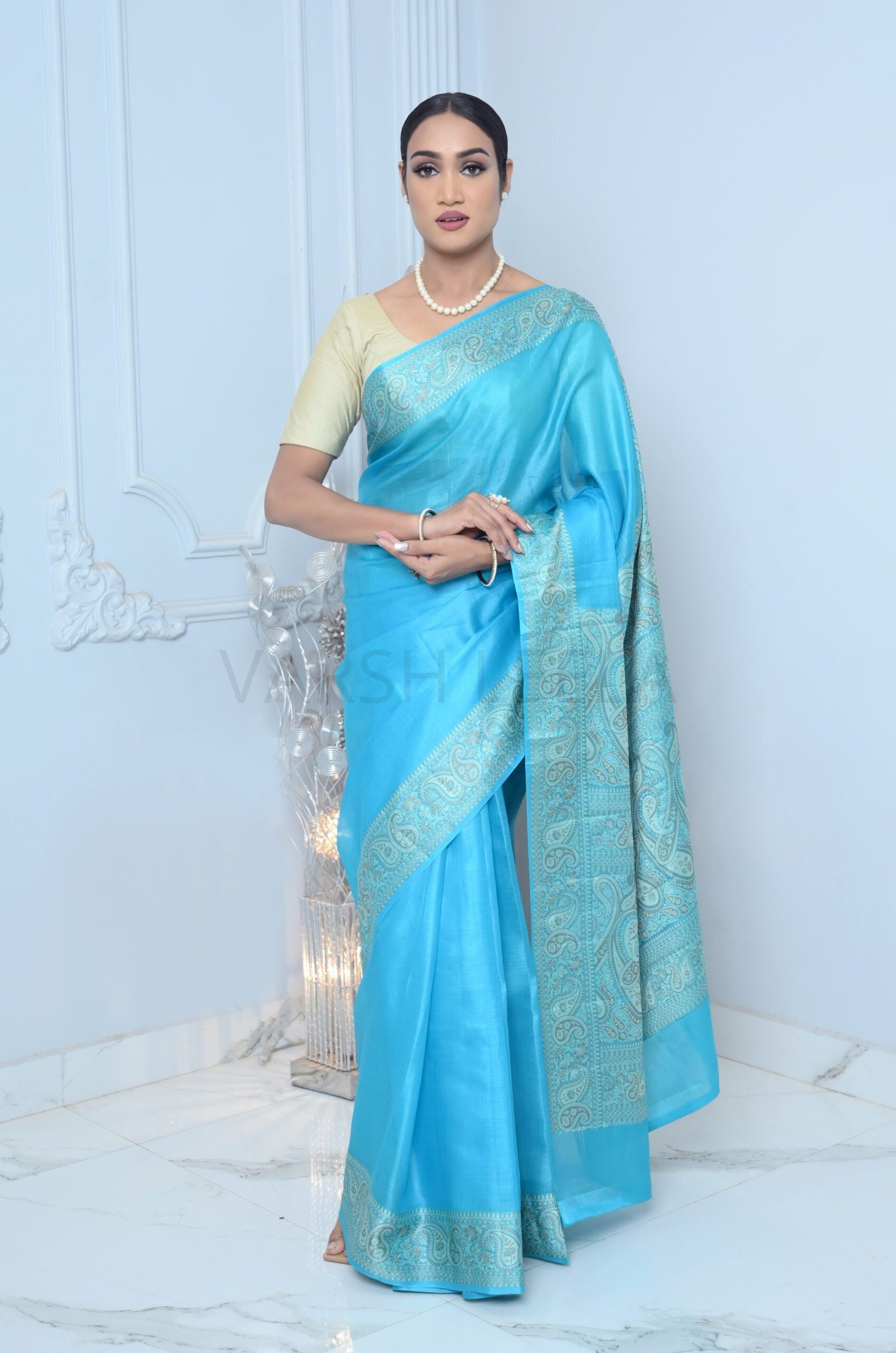 Light Blue Meena Plain Handloom Pure Kosa Silk Saree