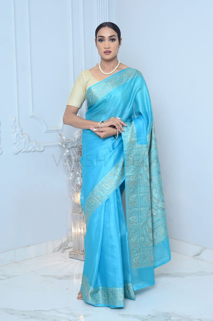 Light Blue Meena Plain Handloom Pure Kosa Silk Saree