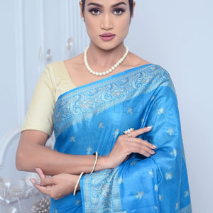 Sky Blue Meena Booty Handloom Pure Kosa Silk Saree