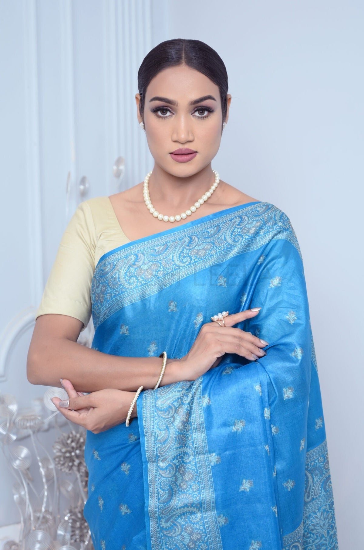 Sky Blue Meena Booty Handloom Pure Kosa Silk Saree