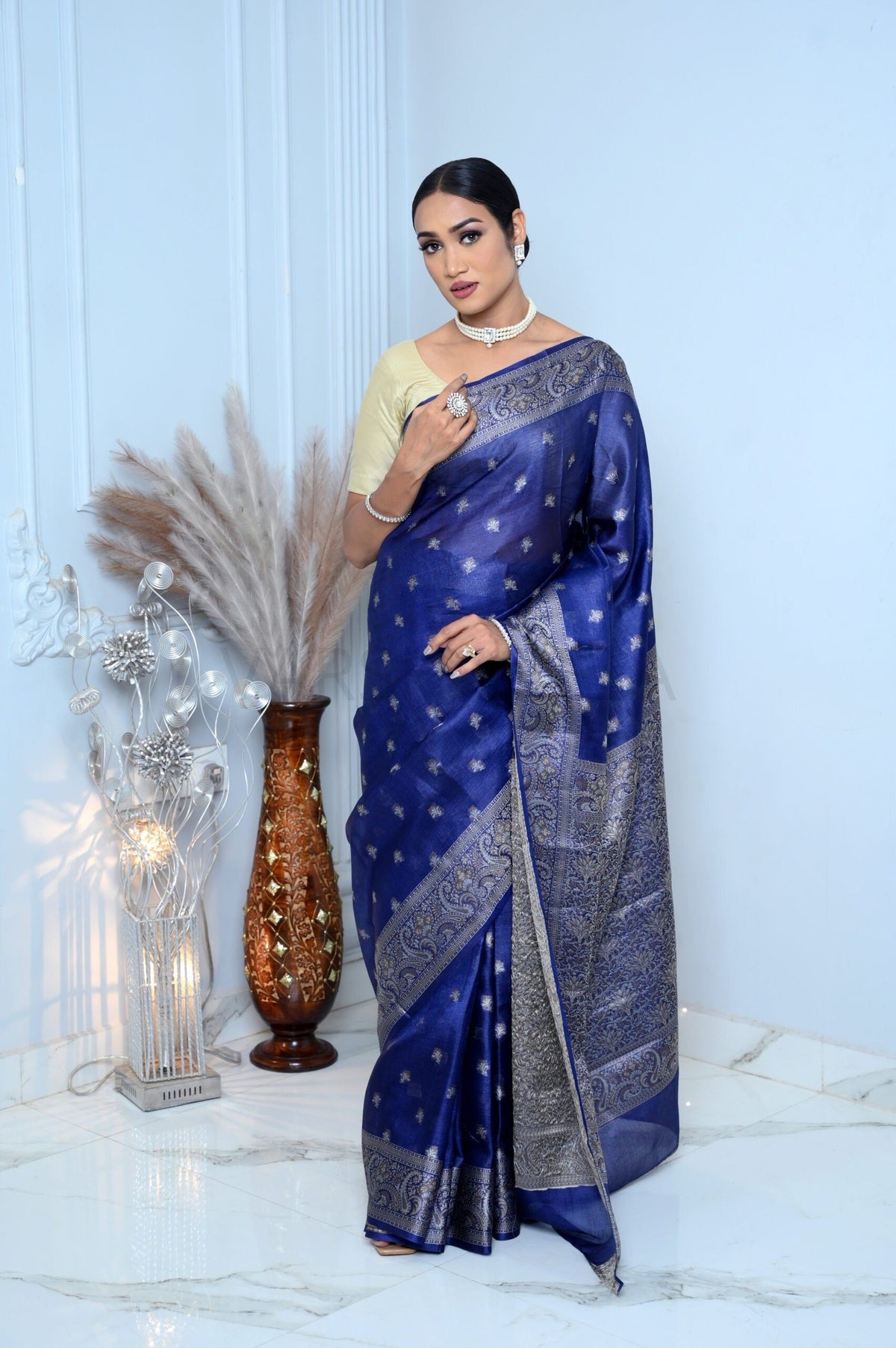 Royal Blue Meena Booty Handloom Pure Kosa Silk Saree