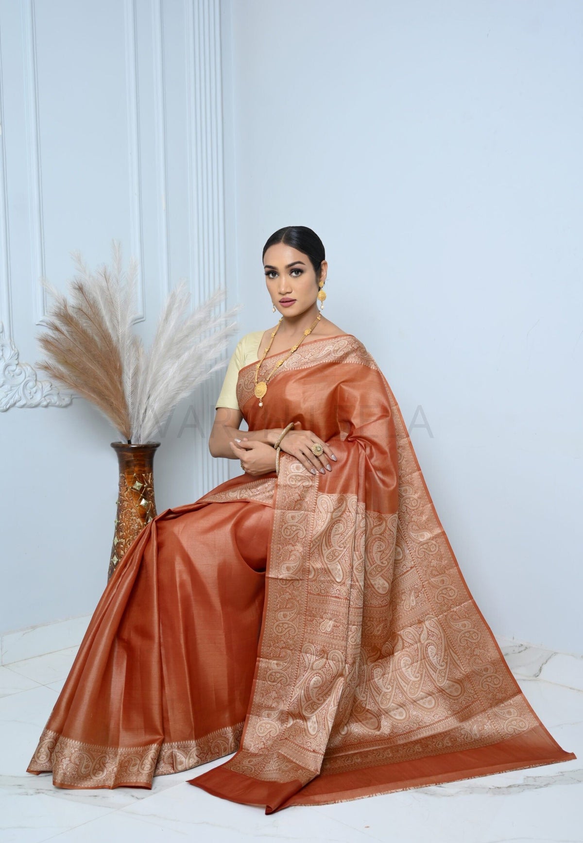 Brown Meena Plain Handloom Pure Kosa Silk Saree