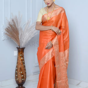 Orange Meena Plain Handloom Pure Kosa Silk Saree