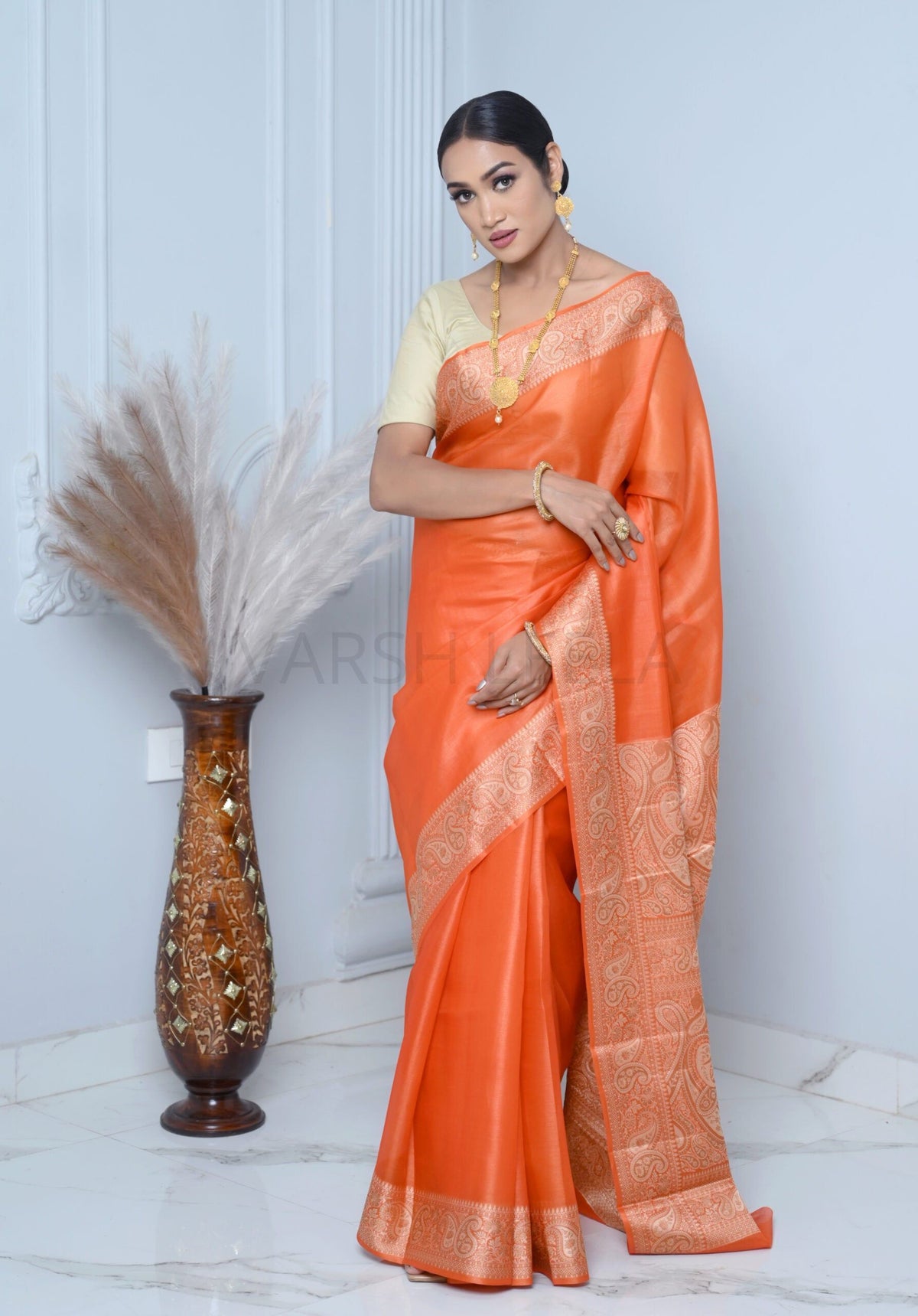 Orange Meena Plain Handloom Pure Kosa Silk Saree