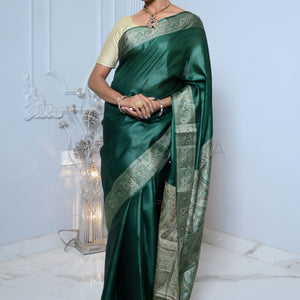Dark Green Meena Plain Handloom Pure Kosa Silk Saree