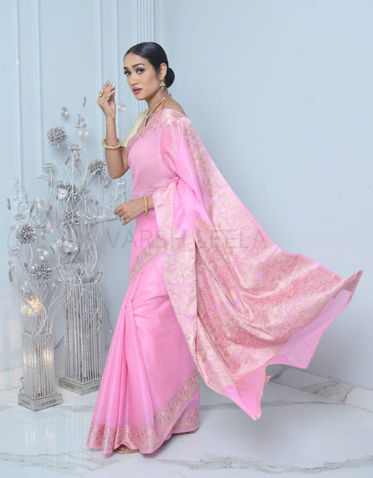 Baby Pink Meena Plain Handloom Pure Kosa Silk Saree Pink All Saree