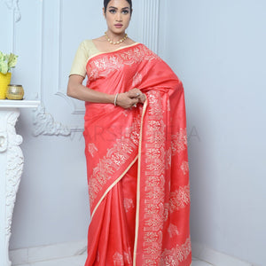 Bright Red Handloom Pure Kosa Silk Saree with Bastar Embroidery Work