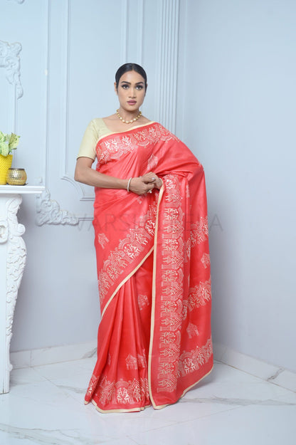 Bright Red Handloom Pure Kosa Silk Saree with Bastar Embroidery Work