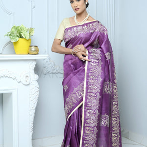 Purple Handloom Pure Kosa Silk Saree With Bastar Embroidery Work