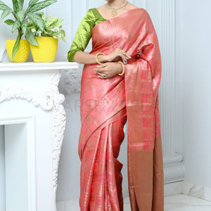 Pink Handloom Pure Kosa Silk Saree With Antique Zari Work