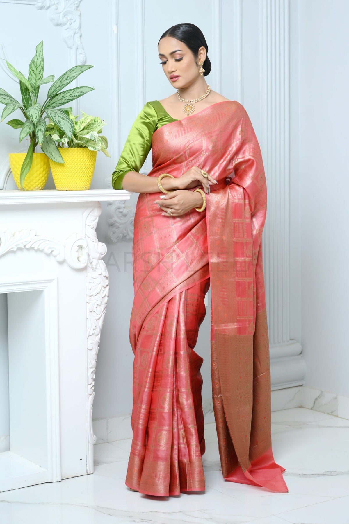 Pink Handloom Pure Kosa Silk Saree With Antique Zari Work
