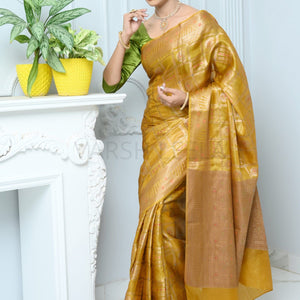 Mustard Handloom Pure Kosa Silk Saree With Antique Zari Work