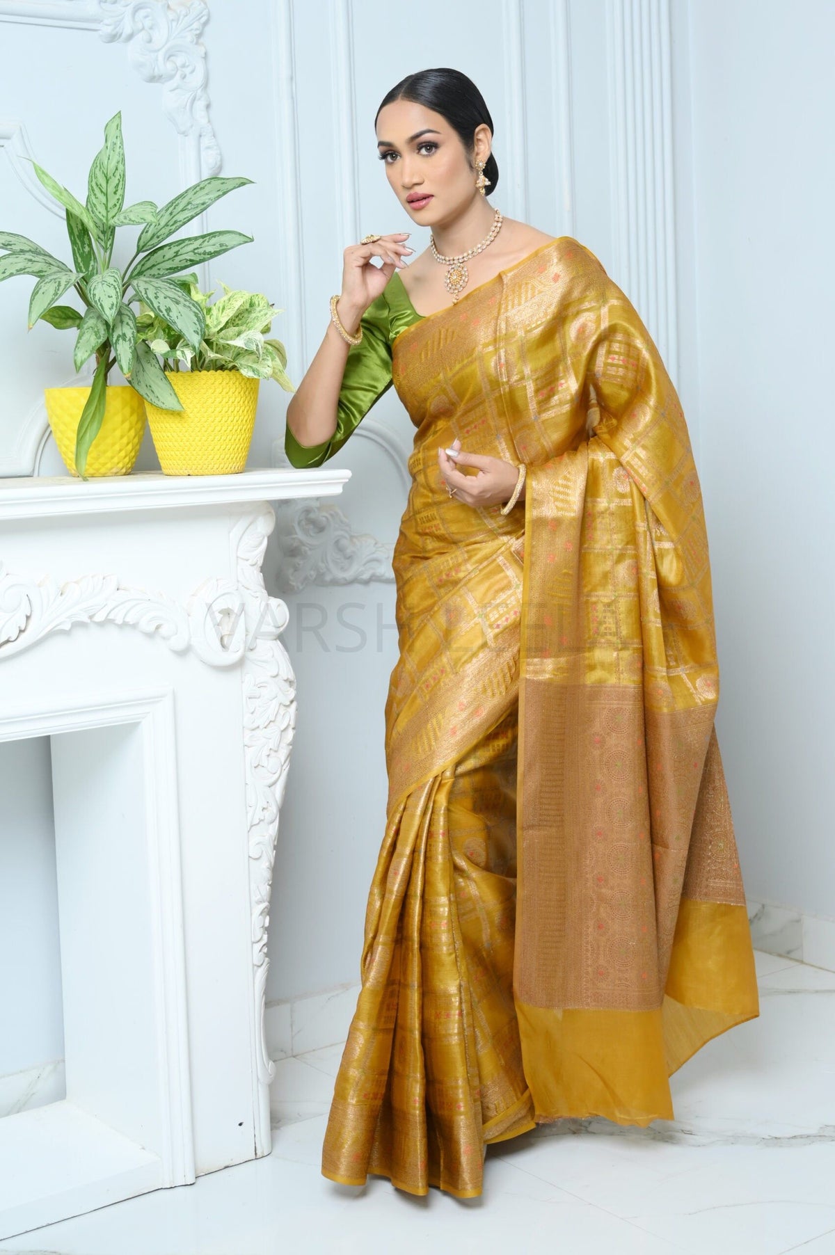 Mustard Handloom Pure Kosa Silk Saree With Antique Zari Work