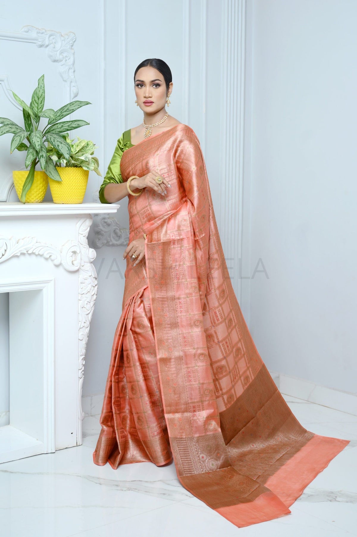 Peach Handloom Pure Kosa Silk Saree with Antique Zari Work