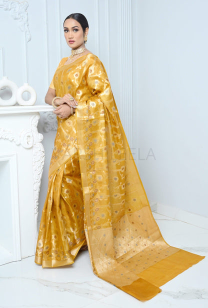 Yellow Handloom Pure Kosa Silk Saree with Zari Work
