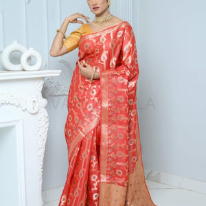 Bright Red Handloom Pure Kosa Silk Saree with Zari Work
