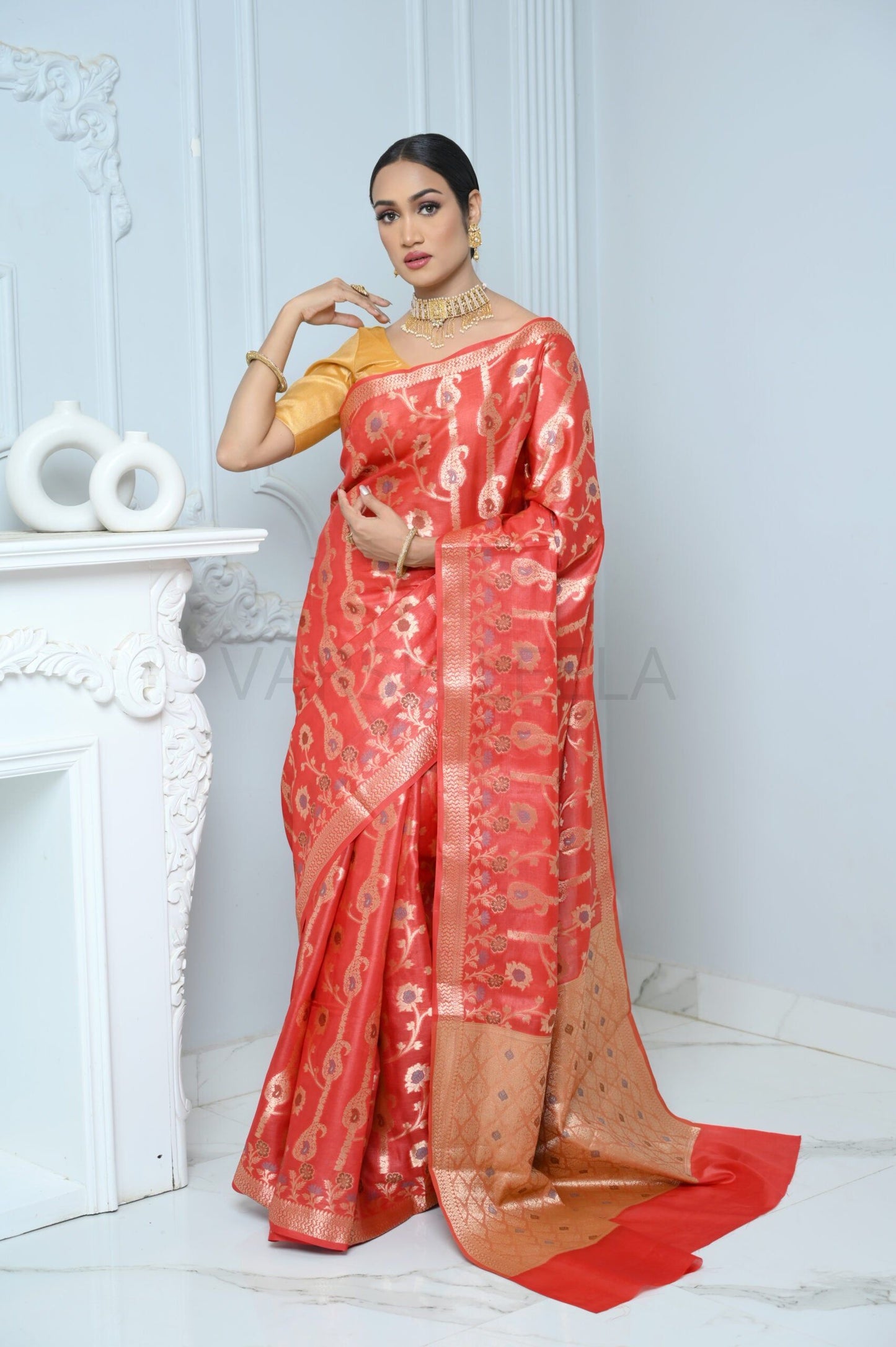 Bright Red Handloom Pure Kosa Silk Saree with Zari Work