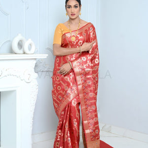 Dark Red Handloom Pure Kosa Silk Saree with Zari Work