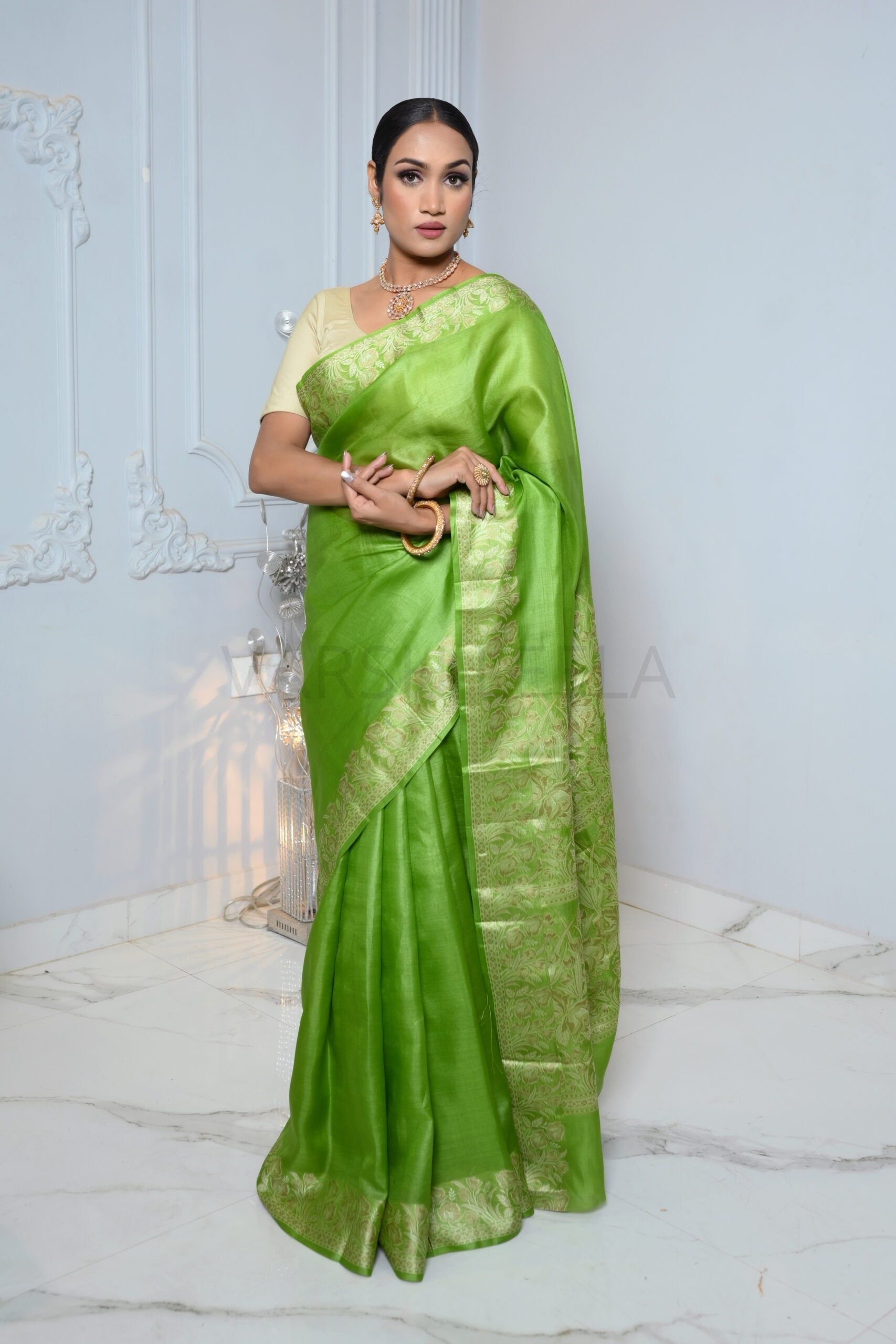 Parrot Green Meena Plain Handloom Pure Kosa Silk Saree