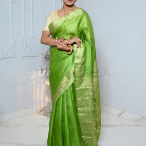Parrot Green Meena Plain Handloom Pure Kosa Silk Saree