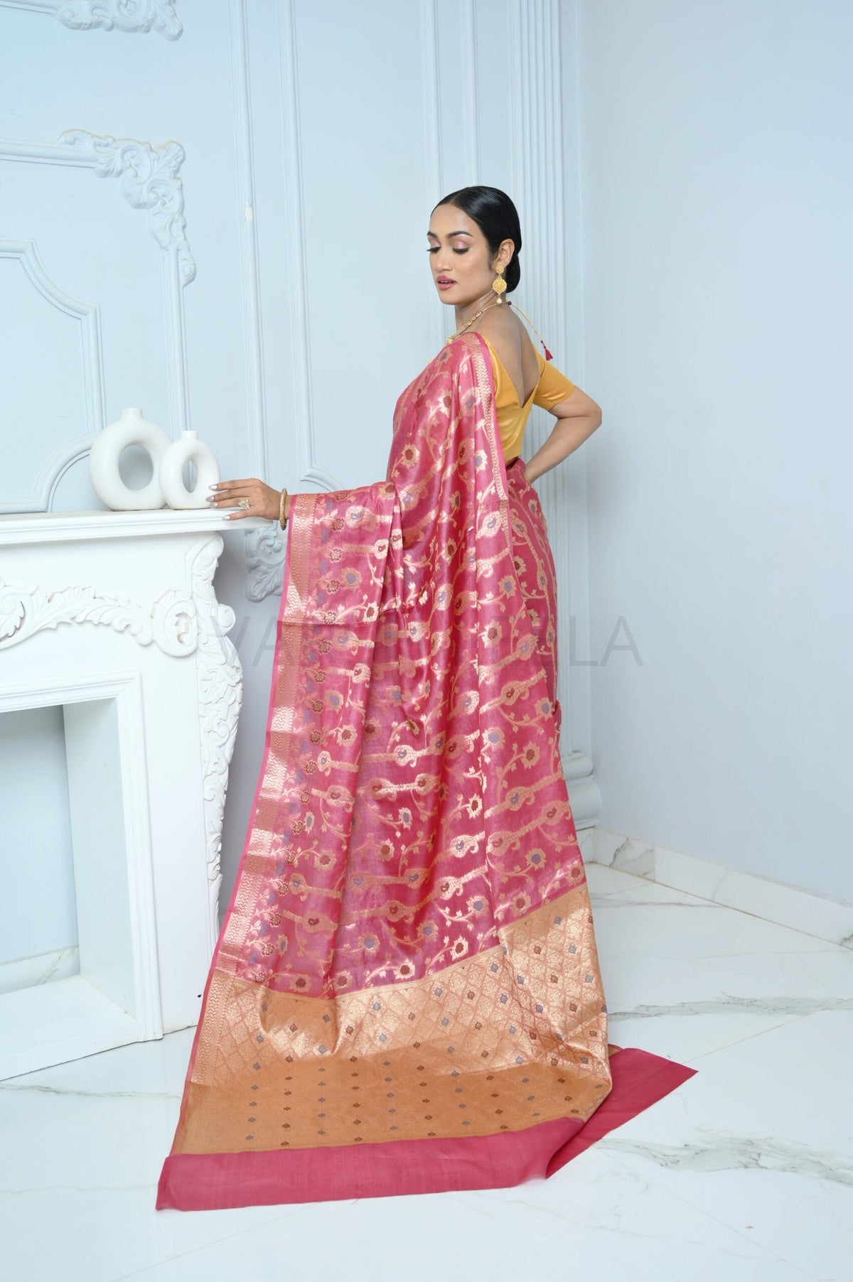 Rani Pink Handloom Pure Kosa Silk Saree with Zari Work