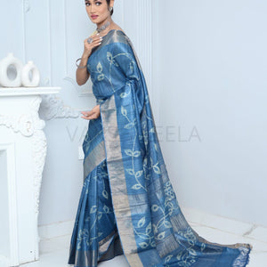 Blue Hand Batic Print Handloom Pure Kosa Silk Saree Blue All Saree