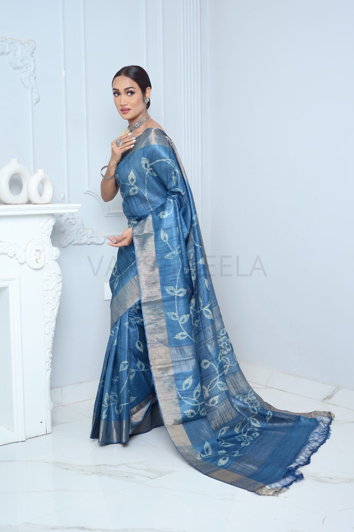 Blue Hand Batic Print Handloom Pure Kosa Silk Saree Blue All Saree