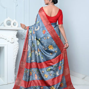 Gray Kalamkari Hand-painted Handloom Pure Kosa Silk Saree