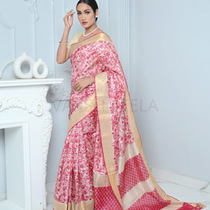 Pink and Beige Vegitable Print Handloom Pure Kosa Silk Saree