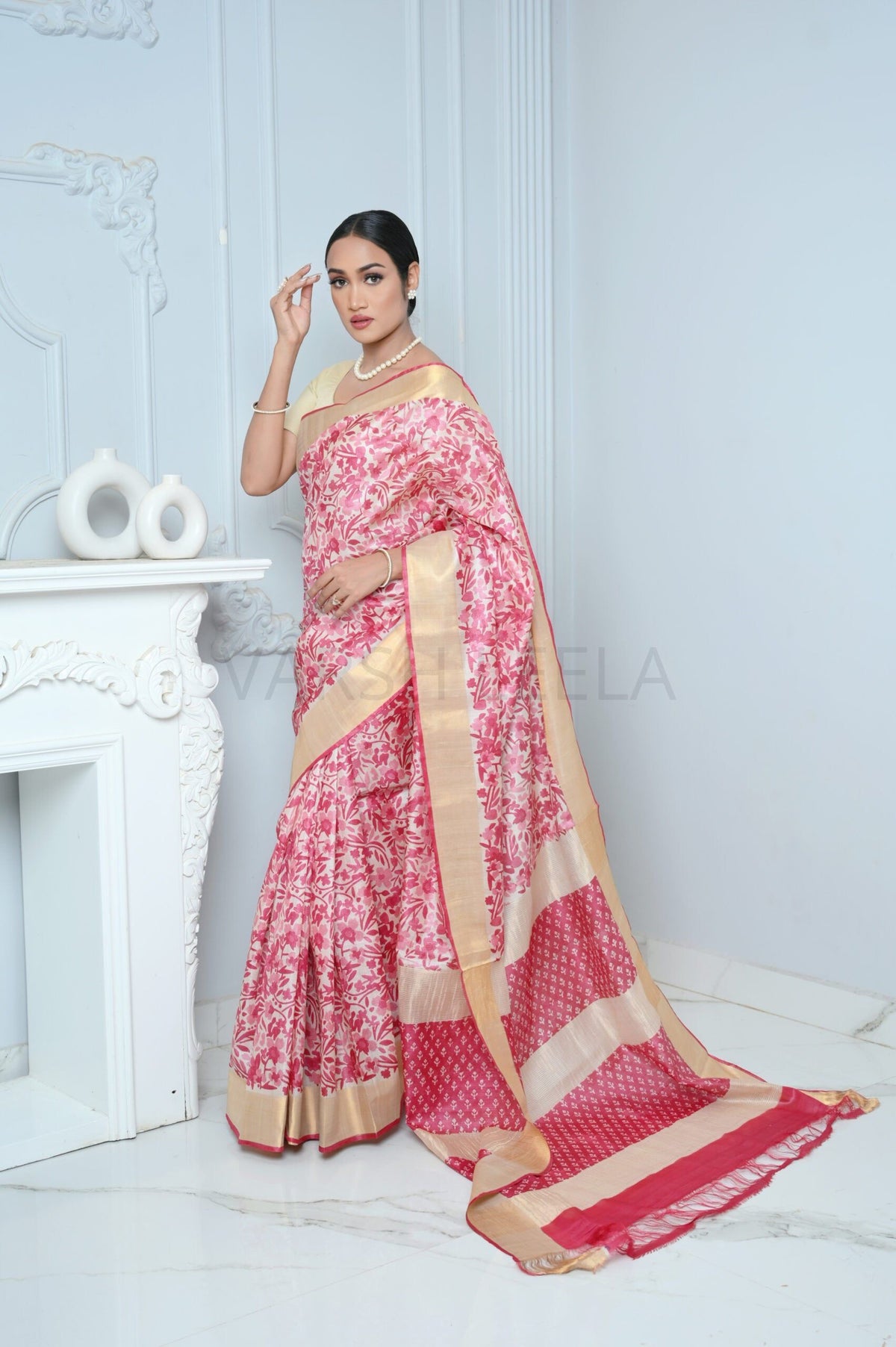 Pink and Beige Vegitable Print Handloom Pure Kosa Silk Saree