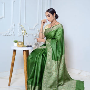 Green Meena Plain Handloom Pure Kosa Silk Saree