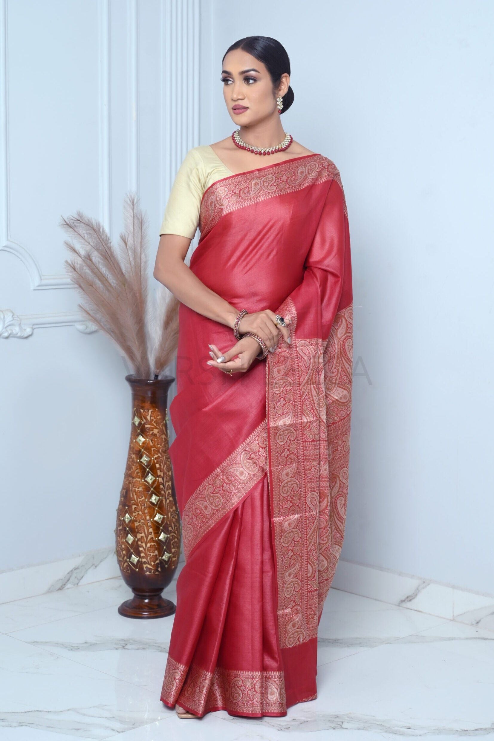 Maroon Meena Plain Handloom Pure Kosa Silk Saree