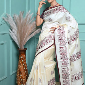 Off White Handloom Pure Kosa Silk Saree with Bastar Embroidery Work