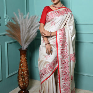 Warm White Pure Kosa Silk Saree with Bastar Embroidery Work