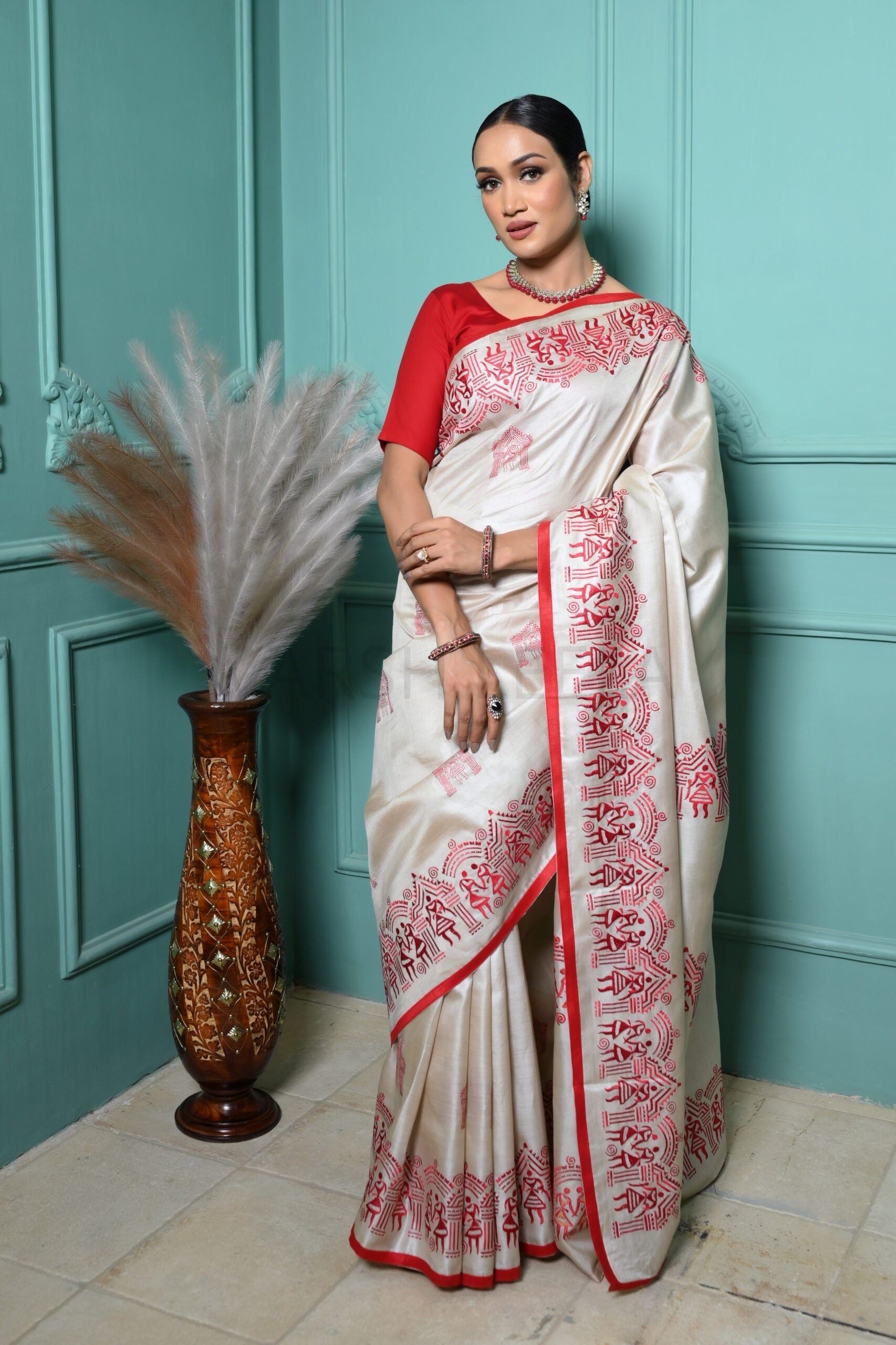 Warm White Pure Kosa Silk Saree with Bastar Embroidery Work