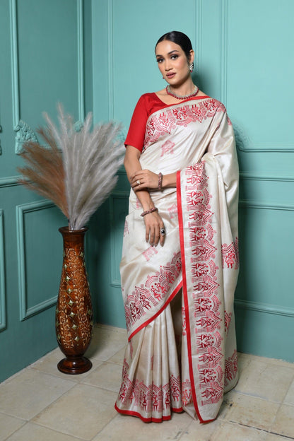 Warm White Pure Kosa Silk Saree with Bastar Embroidery Work