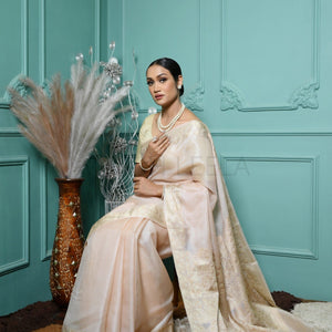 Pastel Peach Meena Plain Handloom Pure Kosa Silk Saree