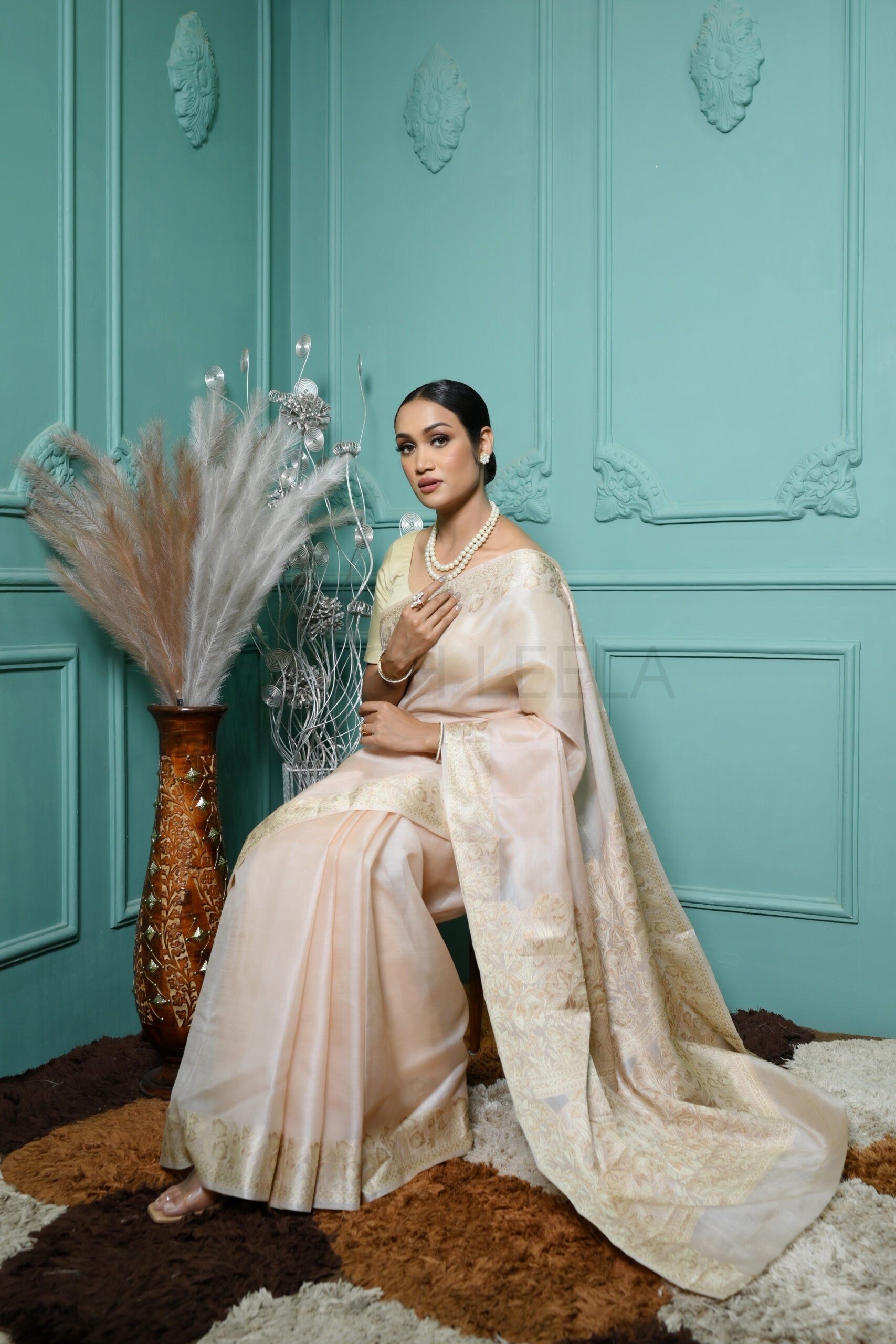 Pastel Peach Meena Plain Handloom Pure Kosa Silk Saree