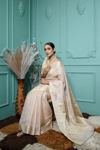 Pastel Peach Meena Plain Handloom Pure Kosa Silk Saree