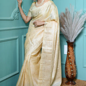 Off White Meena Booty Handloom Pure Kosa Silk Saree