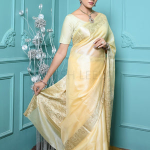 Lemon Yellow Meena Plain Handloom Pure Kosa Silk Saree