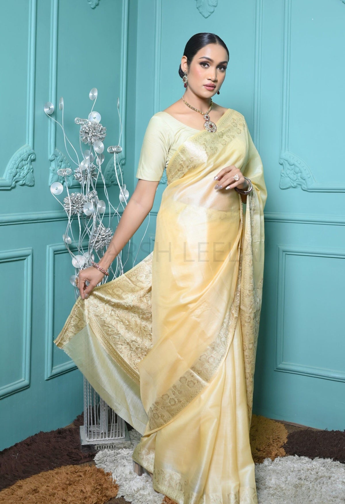 Lemon Yellow Meena Plain Handloom Pure Kosa Silk Saree